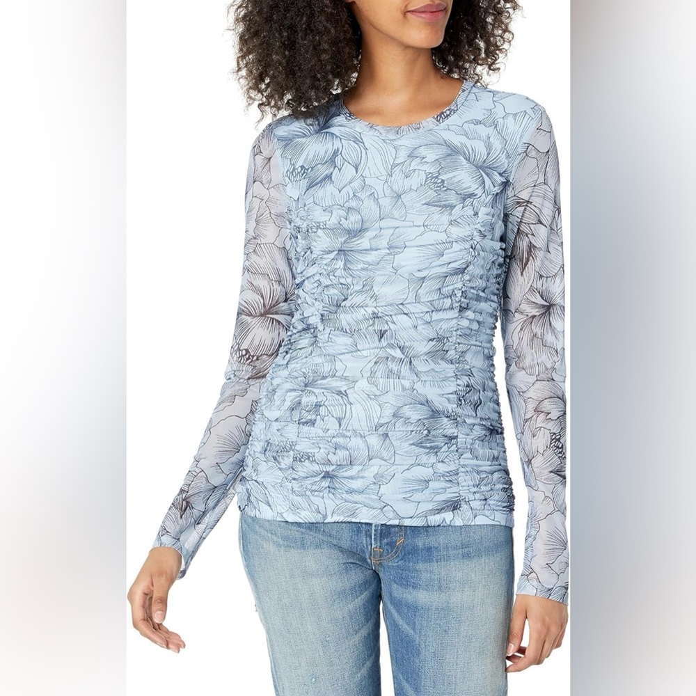 BCBGMAXAZRIA Women's Fitted Long Sleeve Ruched Top size S Floral